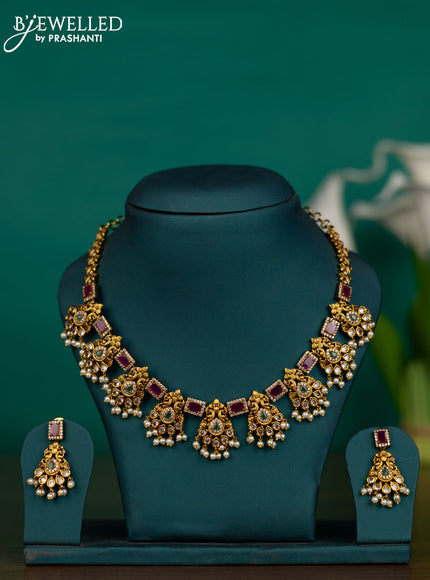 Antique guttapusalu necklace with kemp & cz stones and pearl hangings