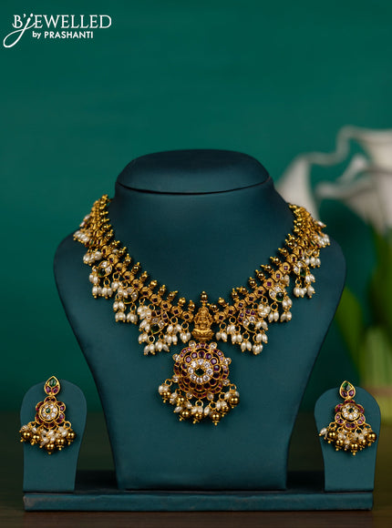 Antique guttapusalu necklace lakshmi design with kemp & cz stones and pearl & golden beads hangings