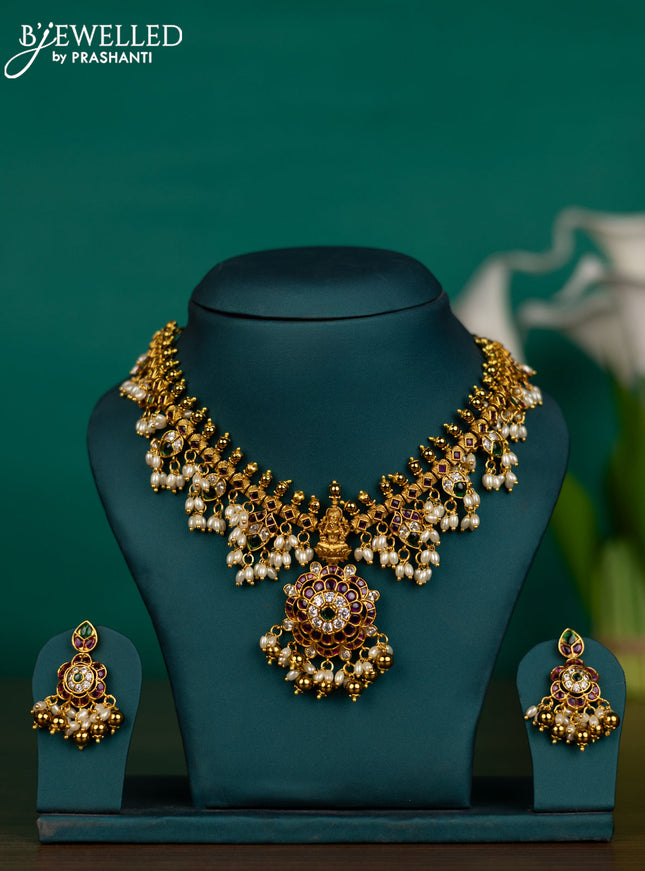 Antique guttapusalu necklace lakshmi design with kemp & cz stones and pearl & golden beads hangings