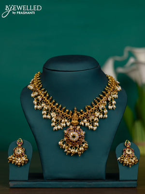 Antique guttapusalu necklace lakshmi design with kemp & cz stones and pearl & golden beads hangings