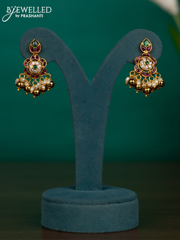 Antique guttapusalu necklace lakshmi design with kemp & cz stones and pearl & golden beads hangings