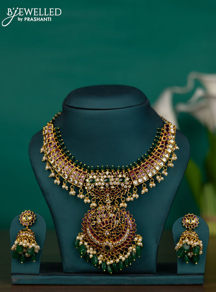 Antique guttapusalu necklace detachable pendant with kemp & cz stones and pearl & green beads hangings