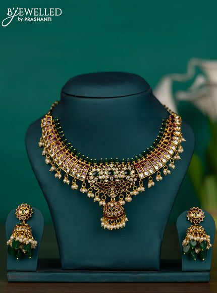 Antique guttapusalu necklace detachable pendant with kemp & cz stones and pearl & green beads hangings