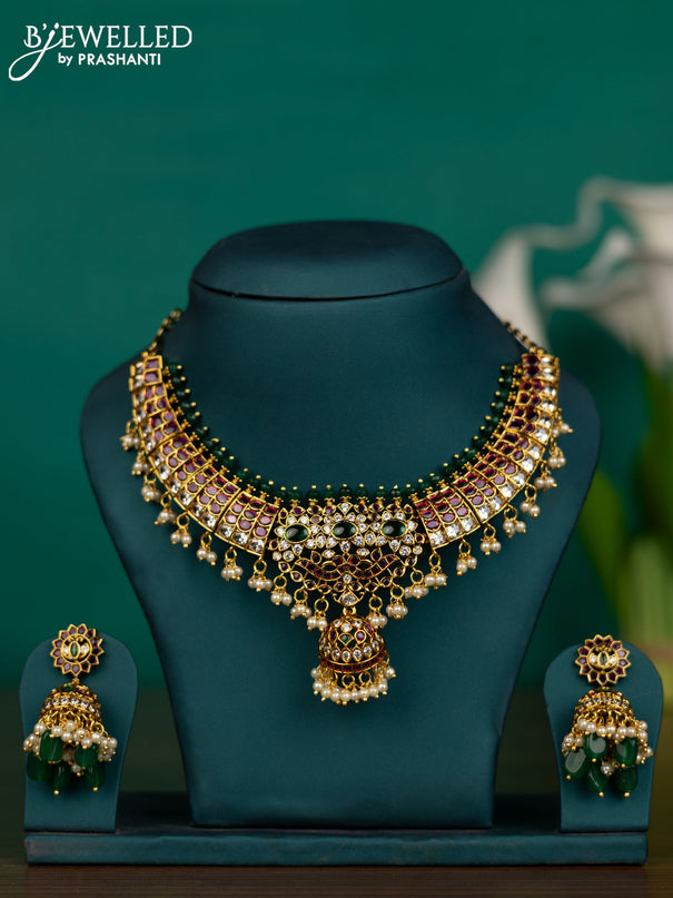 Antique guttapusalu necklace detachable pendant with kemp & cz stones and pearl & green beads hangings