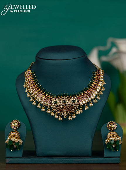 Antique guttapusalu necklace detachable pendant with kemp & cz stones and pearl & green beads hangings