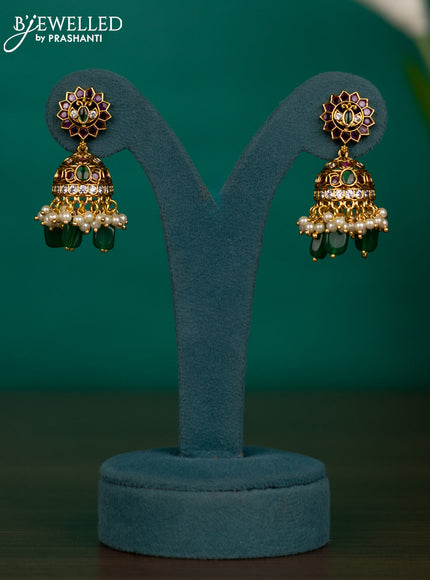 Antique guttapusalu necklace detachable pendant with kemp & cz stones and pearl & green beads hangings