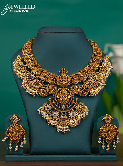 Antique guttapusalu necklace lakshmi design with kemp & cz stones and pearl hangings