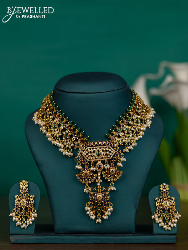 Antique guttapusalu necklace with kemp & cz stones and pearl hangings