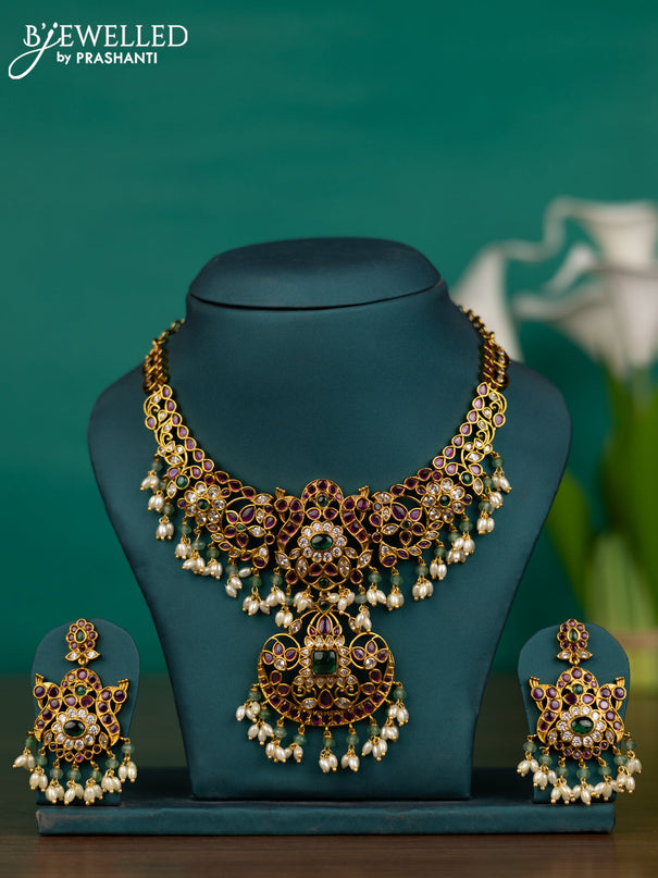 Antique guttapusalu necklace with kemp & cz stones and pearl hangings
