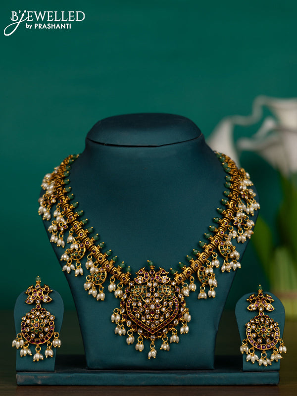 Antique guttapusalu necklace peacock design with kemp & cz stones and pearl hangings