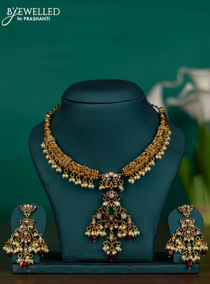 Antique guttapusalu necklace with kemp & kundan stones and pearl & pink beads hangings