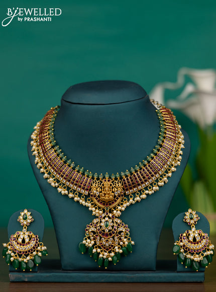 Antique guttapusalu necklace detachable pendant lakshmi design with kemp & cz stones and pearl & green beads hangings