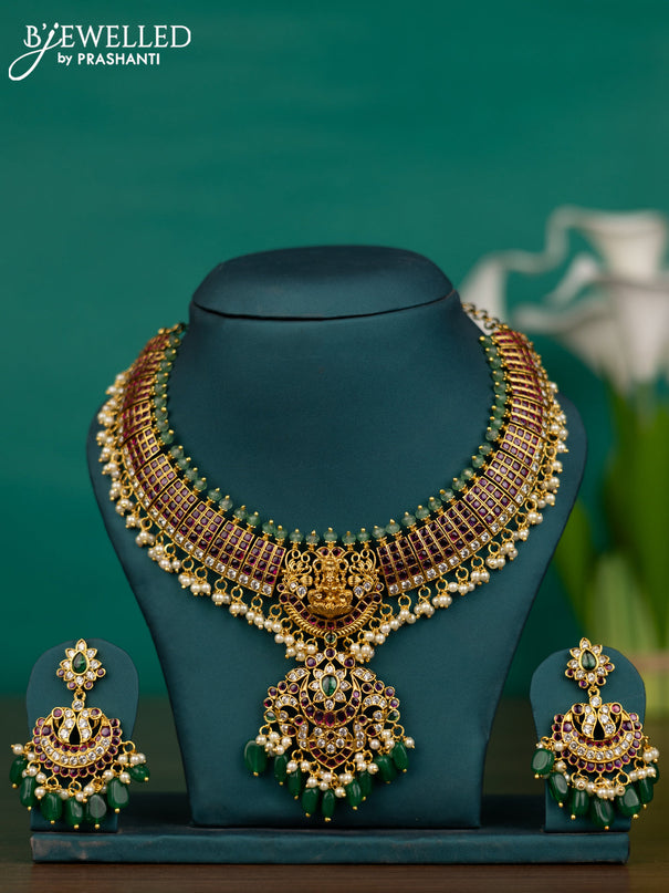 Antique guttapusalu necklace detachable pendant lakshmi design with kemp & cz stones and pearl & green beads hangings