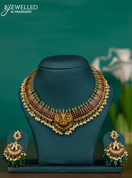 Antique guttapusalu necklace detachable pendant lakshmi design with kemp & cz stones and pearl & green beads hangings
