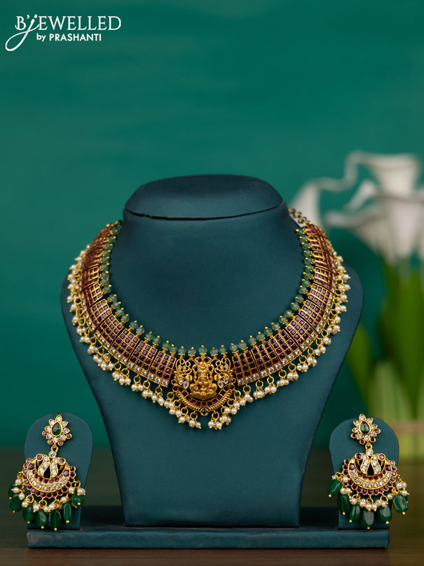 Antique guttapusalu necklace detachable pendant lakshmi design with kemp & cz stones and pearl & green beads hangings