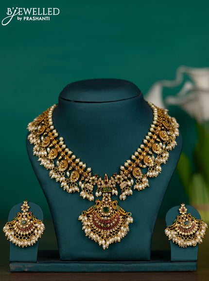 Antique guttapusalu necklace manga & namam design with kemp & cz stones and pearl hangings