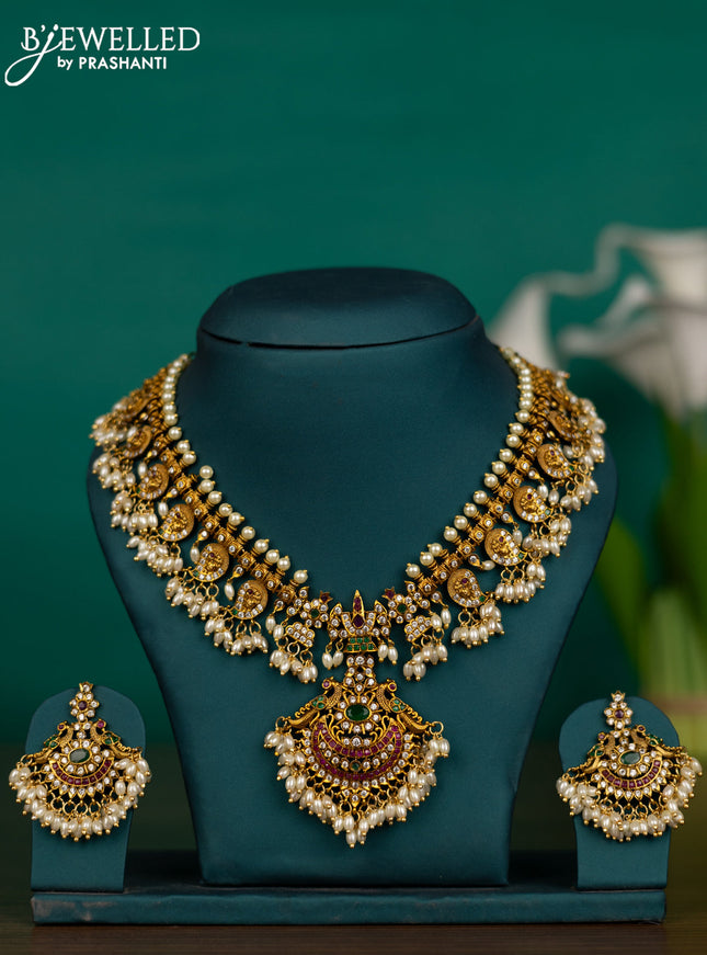 Antique guttapusalu necklace manga & namam design with kemp & cz stones and pearl hangings