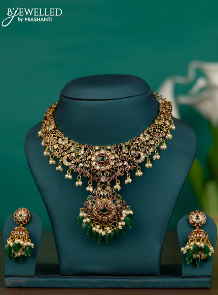Antique guttapusalu necklace with kemp & cz stones and pearl & green beads hangings