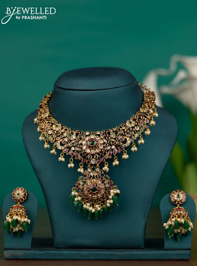 Antique guttapusalu necklace with kemp & cz stones and pearl & green beads hangings