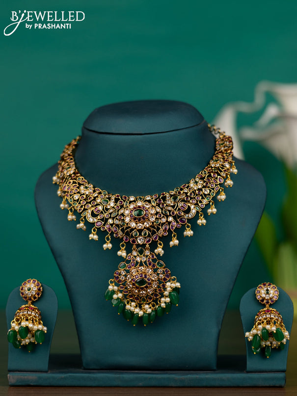Antique guttapusalu necklace with kemp & cz stones and pearl & green beads hangings