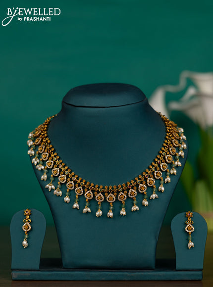 Antique guttapusalu necklace floral design with kemp & cz stones and pearl hangings