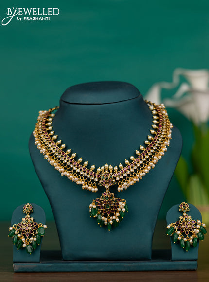 Antique guttapusalu necklace with kemp & cz stones and pearl & green beads hangings