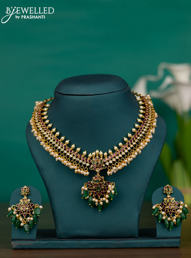 Antique guttapusalu necklace with kemp & cz stones and pearl & green beads hangings
