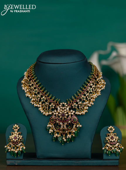 Antique guttapusalu necklace with kemp & cz stones and pearl & green beads hangings