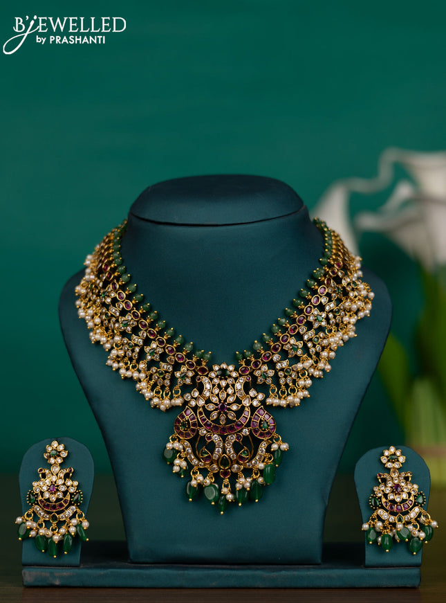 Antique guttapusalu necklace with kemp & cz stones and pearl & green beads hangings