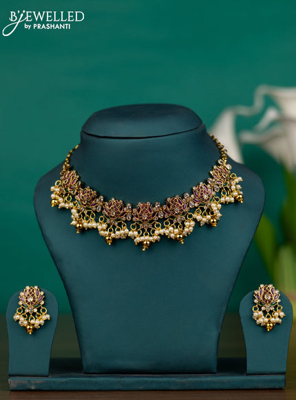 Antique guttapusalu necklace lotus design with kemp & kundan stones and pearl & golden beads hangings