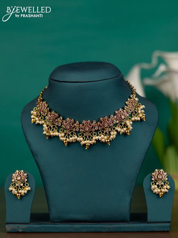 Antique guttapusalu necklace lotus design with kemp & kundan stones and pearl & golden beads hangings