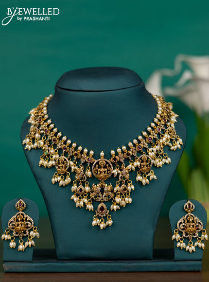 Antique guttapusalu necklace lakshmi design with kemp & cz stones and pearl hangings