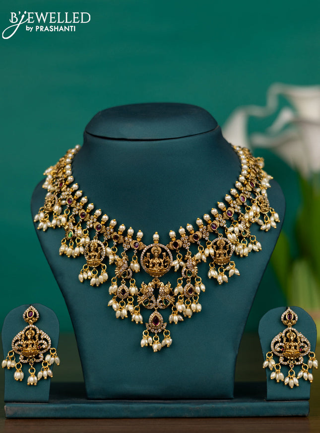 Antique guttapusalu necklace lakshmi design with kemp & cz stones and pearl hangings