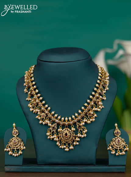 Antique guttapusalu necklace with kemp & cz stones and pearl hangings