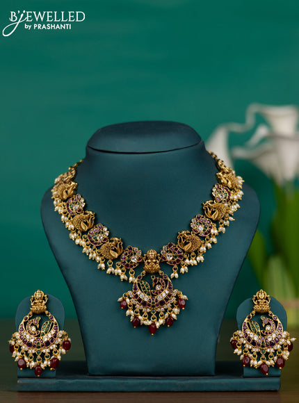 Antique guttapusalu necklace lakshmi & peacock design with kemp & cz stones and pearl & pink beads hangings