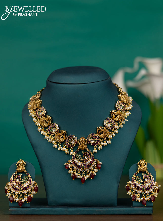 Antique guttapusalu necklace lakshmi & peacock design with kemp & cz stones and pearl & pink beads hangings