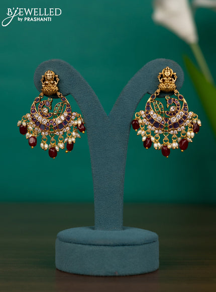 Antique guttapusalu necklace lakshmi & peacock design with kemp & cz stones and pearl & pink beads hangings