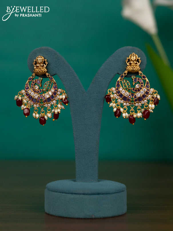Antique guttapusalu necklace lakshmi & peacock design with kemp & cz stones and pearl & pink beads hangings
