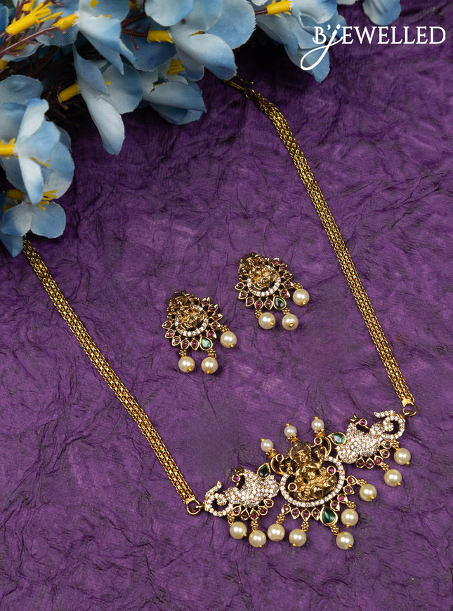 Antique choker lakshmi & peacock design with kemp & cz stones and pearl hangings