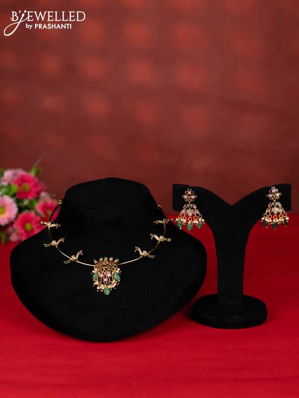 Antique ring type choker peacock design with kemp & cz stones and mint green beads hangings