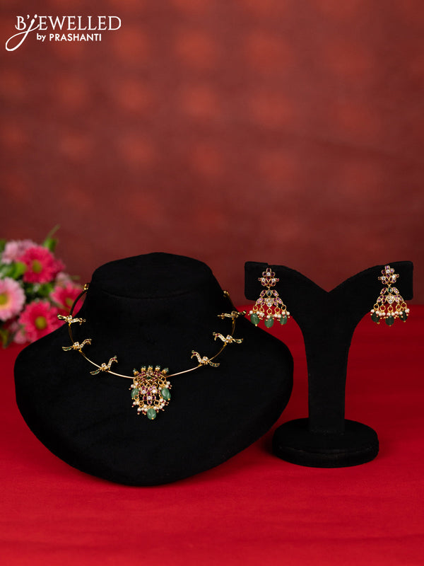 Antique ring type choker peacock design with kemp & cz stones and mint green beads hangings