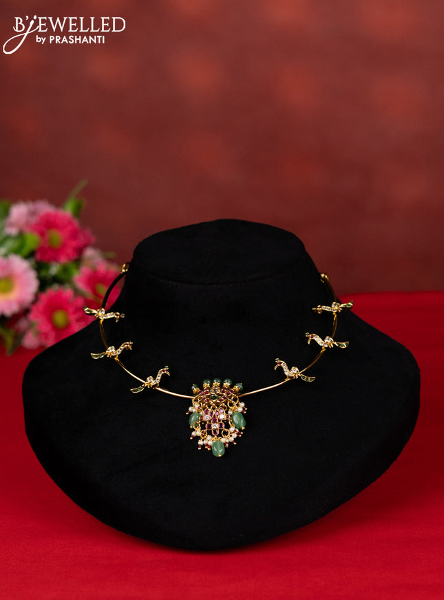 Antique ring type choker peacock design with kemp & cz stones and mint green beads hangings