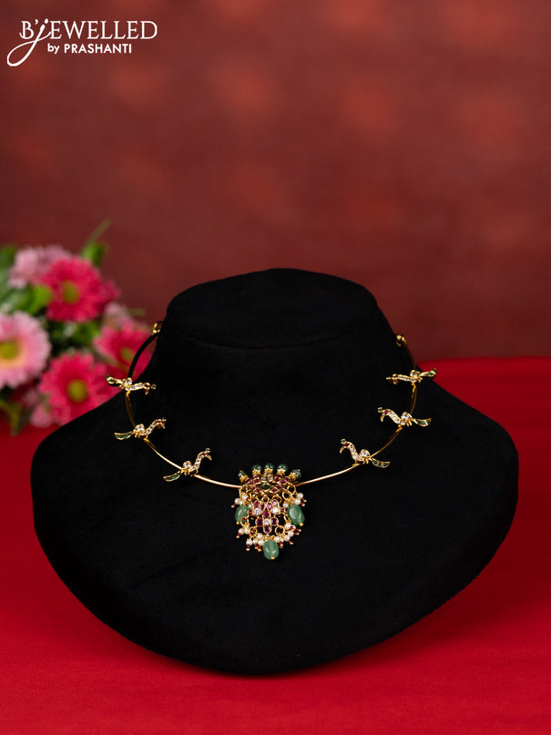 Antique ring type choker peacock design with kemp & cz stones and mint green beads hangings