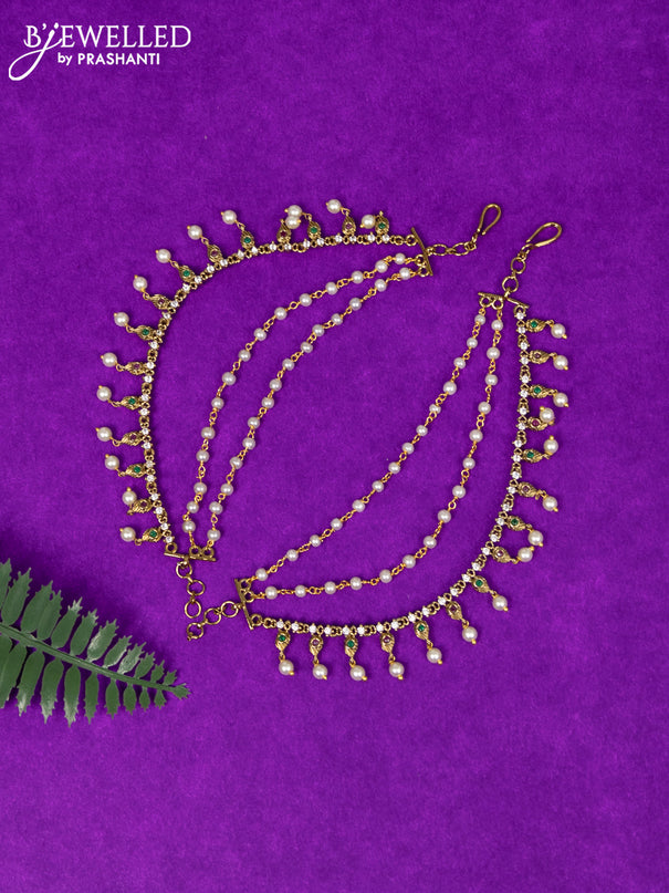Antique triple layer maatal peacock design with kemp & cz stones and pearl hangings