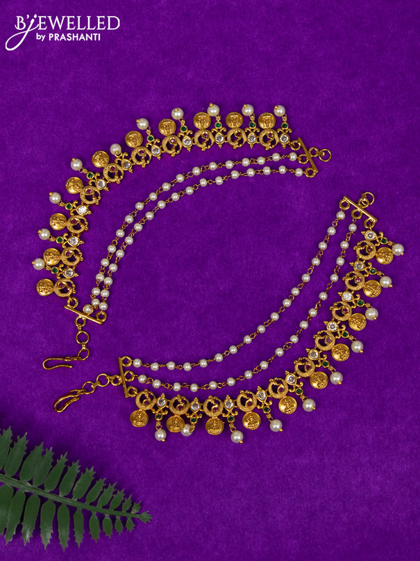 Antique triple layer maatal lakshmi kasu design with kemp & cz stones and pearl hangings