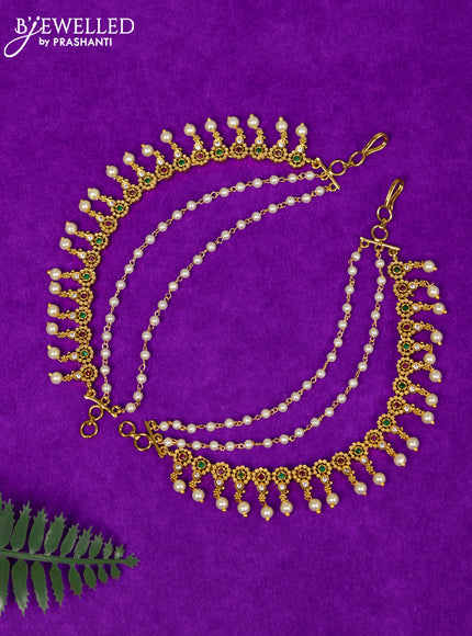 Antique triple layer maatal lakshmi floral design with kemp & cz stones and pearl hangings