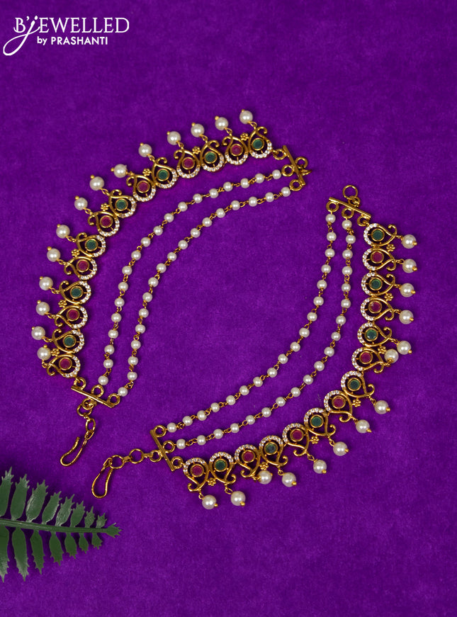 Antique triple layer maatal manga pattern with kemp & cz stones and pearl hangings