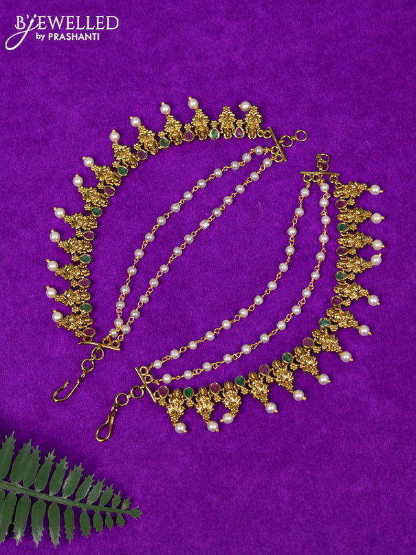 Antique triple layer maatal lakshmi design with kemp stones and pearl hangings