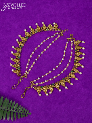 Antique triple layer maatal lakshmi design with kemp stones and pearl hangings