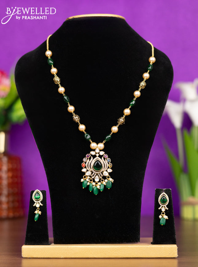 Beaded necklace with emerald & kundan cz stones and pearl & green beads hangings